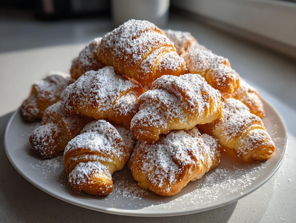 A plate of Uromas Vanillekipferl cookies, generously dusted with powdered sugar.