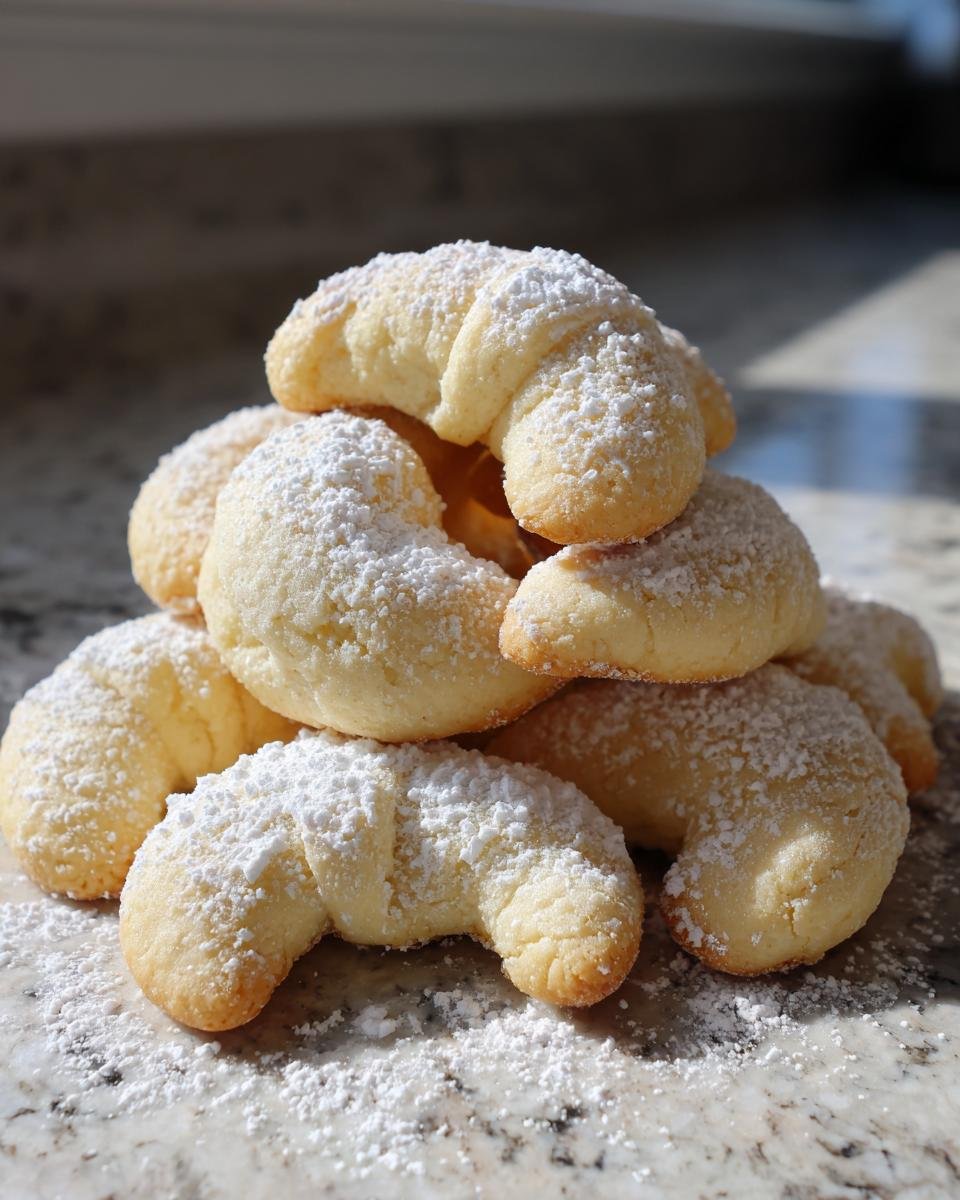 A stack of crescent-shaped Vanillekipferl cookies, dusted with powdered sugar, on a marble surface.