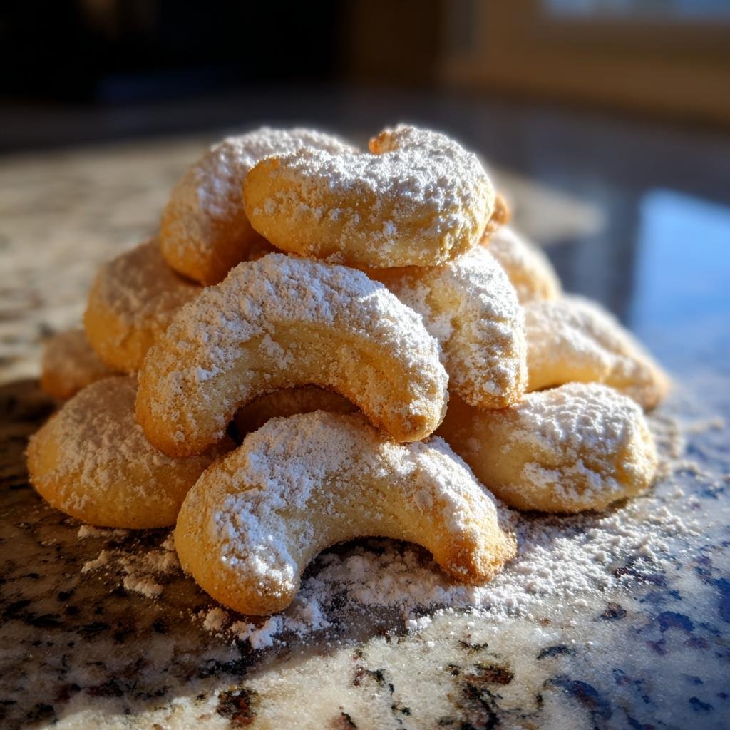 A stack of crescent-shaped Vanillekipferl cookies, dusted with powdered sugar, on a marble surface.