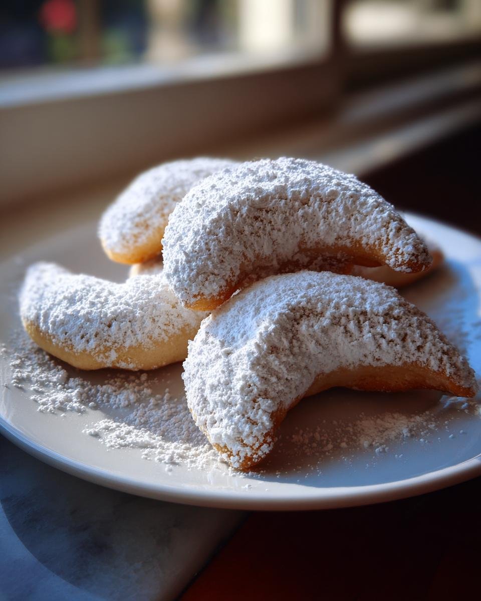 Three Vanillekipferl cookies, heavily dusted with powdered sugar, arranged on a white plate.