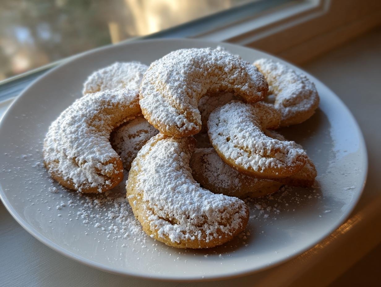 A plate of traditional German Vanillekipferl cookies, generously dusted with powdered sugar.