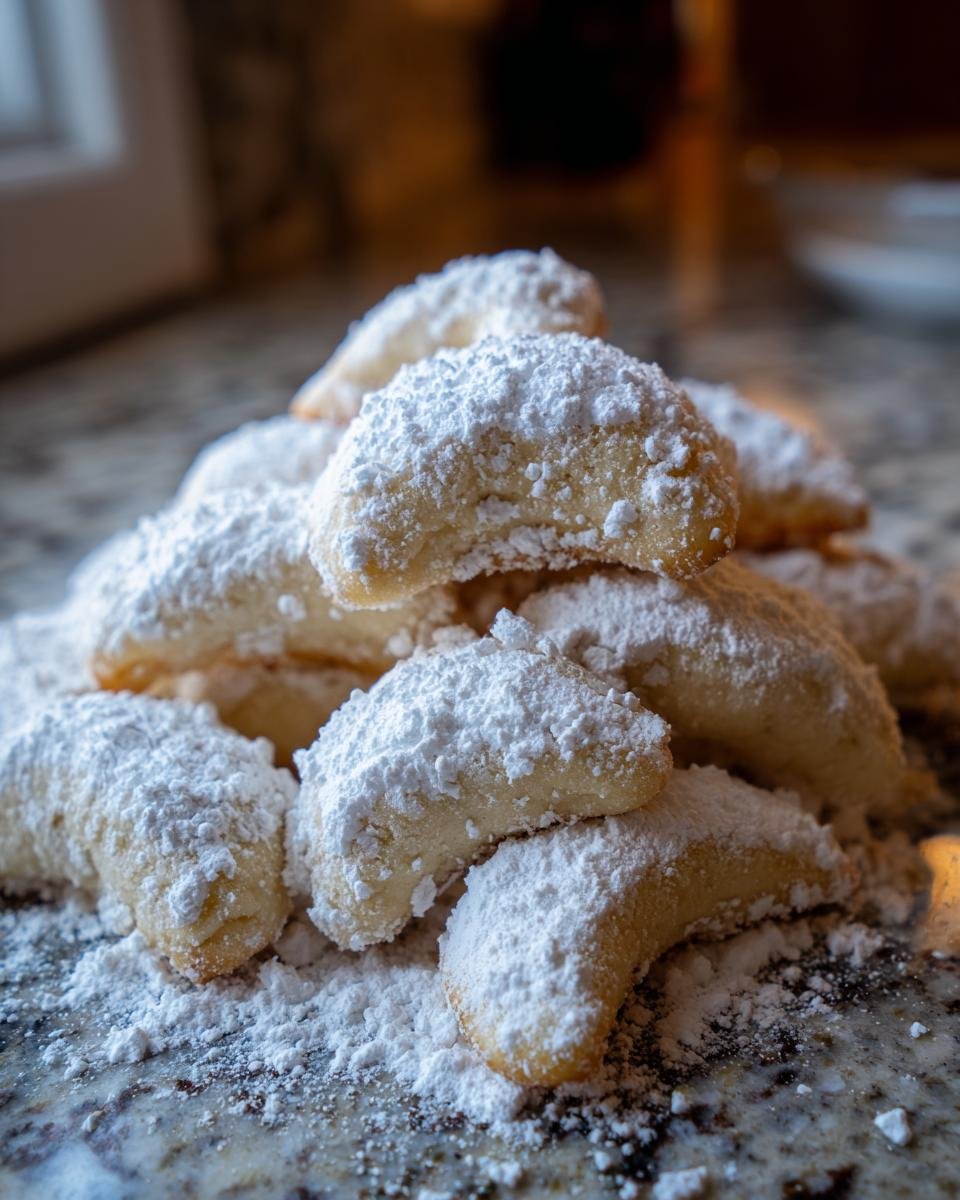 Close-up of a stack of Vanillekipferl cookies covered in powdered sugar.