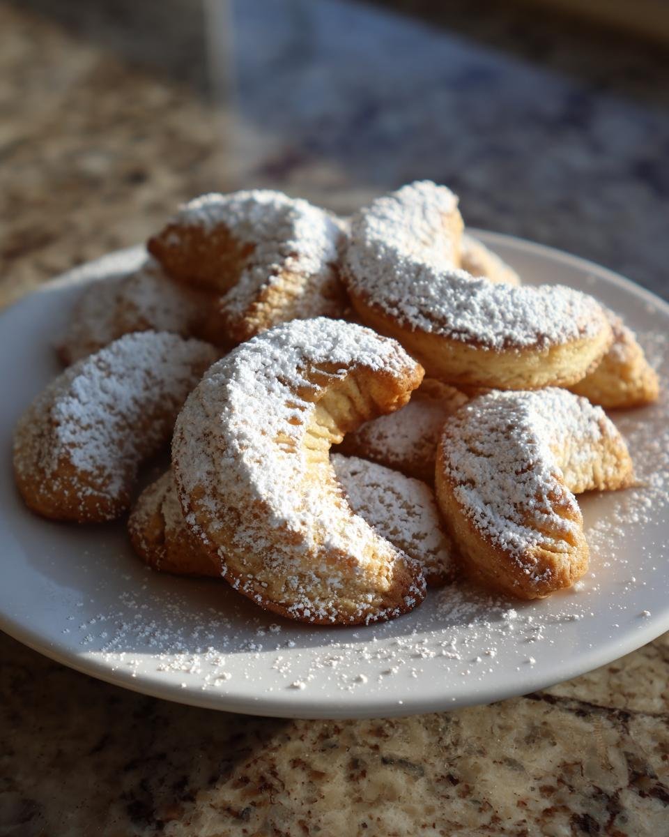 A plate of delicious, crescent-shaped Vanillekipferl cookies dusted with powdered sugar.