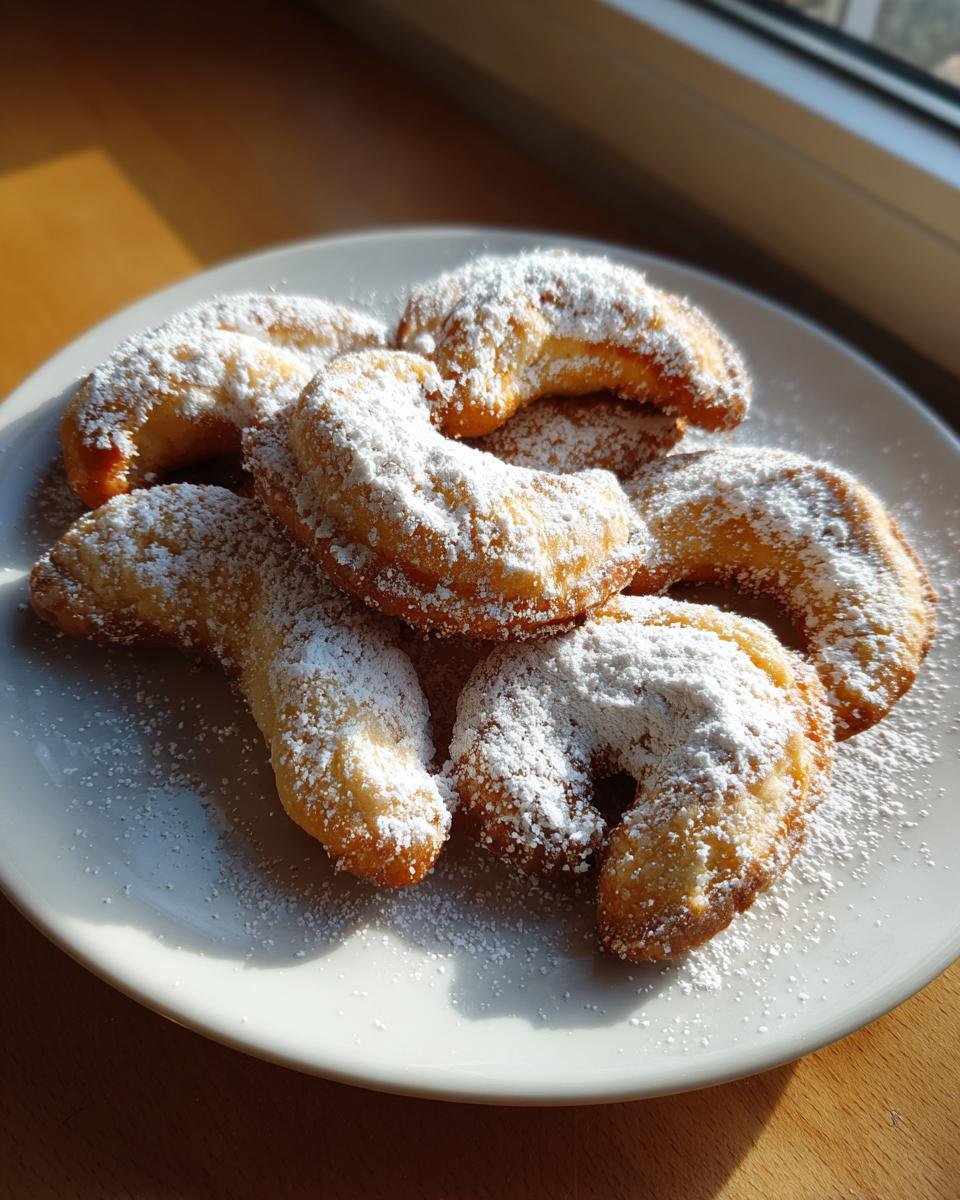 A plate of crescent-shaped Vanillekipferl cookies generously dusted with powdered sugar.
