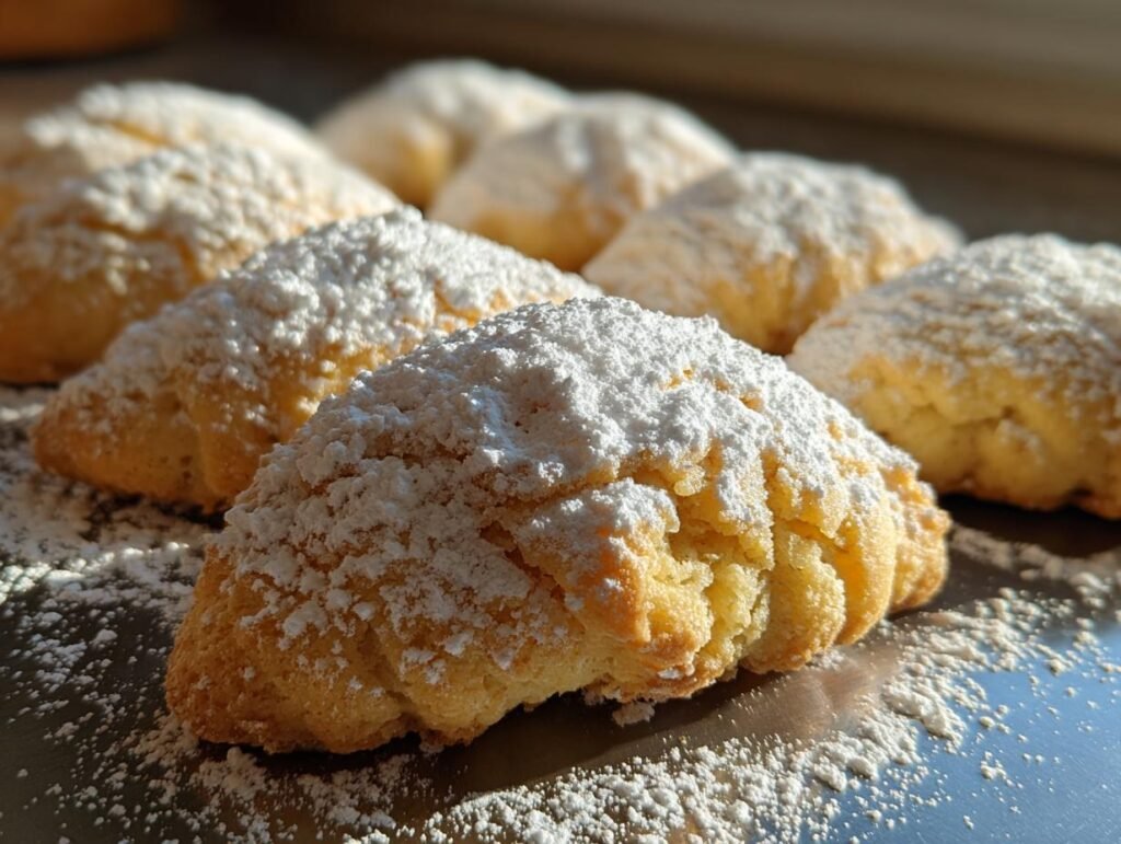 Close-up of freshly baked Vanillekipferl cookies, generously dusted with powdered sugar.