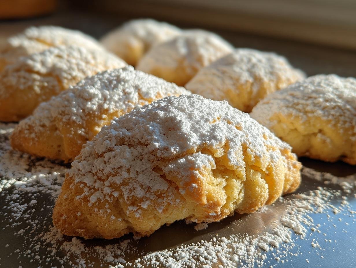 Close-up of freshly baked Vanillekipferl cookies, generously dusted with powdered sugar.