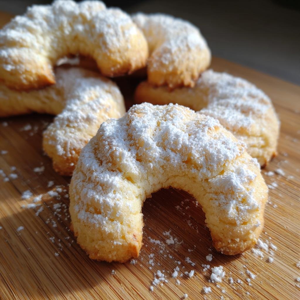 Close-up of several Vanillekipferl cookies dusted with powdered sugar on a wooden board.