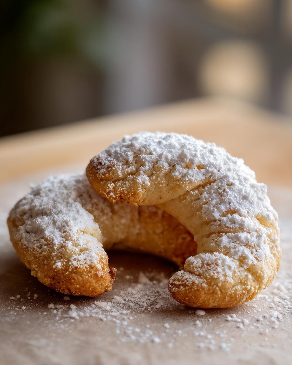 Close-up of two Vanillekipferl cookies dusted with powdered sugar, a classic German Christmas treat.