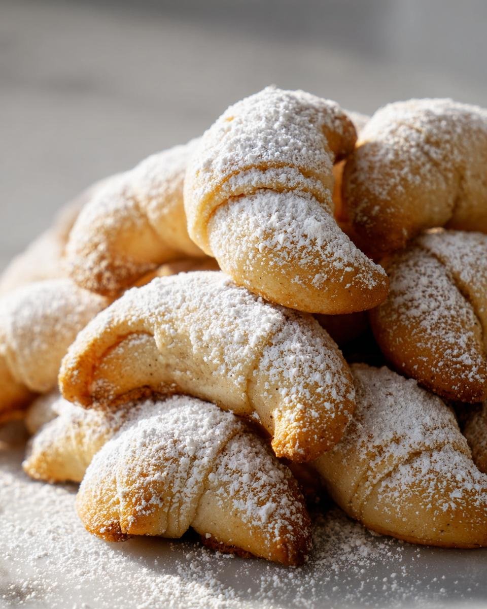 Close-up of a stack of Vanillekipferl cookies, crescent-shaped and dusted with powdered sugar.
