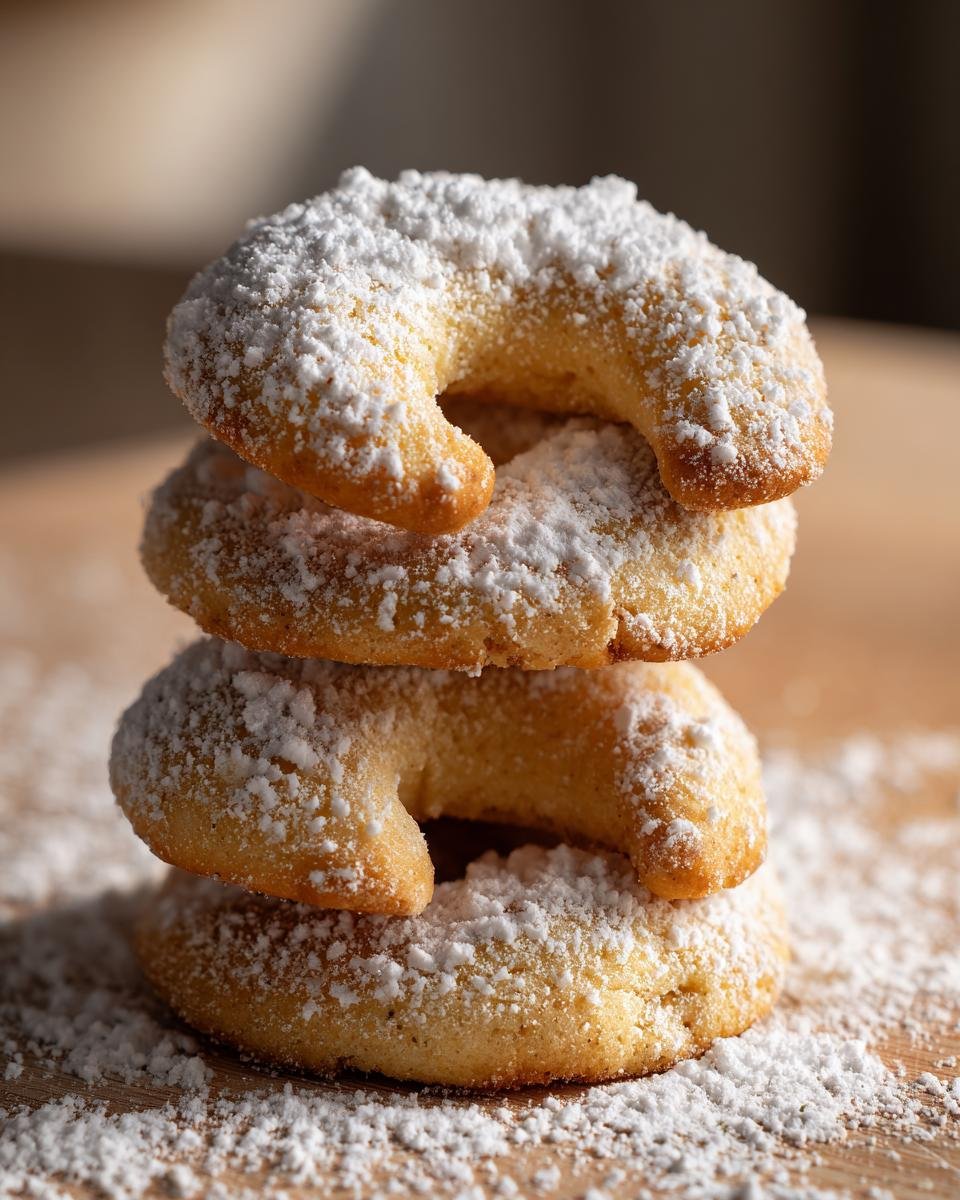 A stack of three Vanillekipferl cookies, generously dusted with powdered sugar.