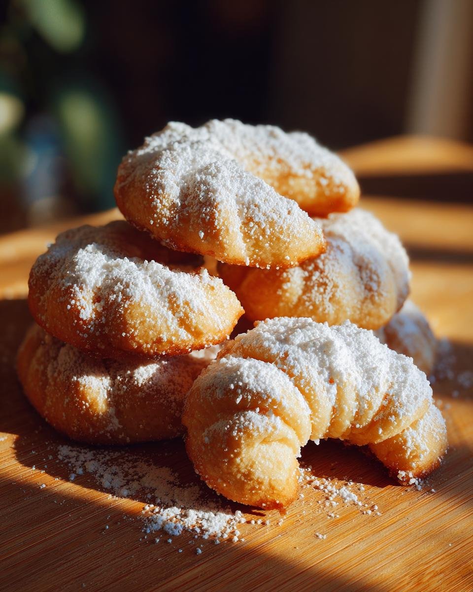 A stack of crescent-shaped Vanillekipferl cookies, generously dusted with powdered sugar, on a wooden surface.