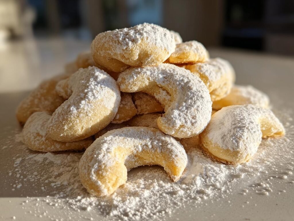 Pile of freshly baked Vanillekipferl cookies dusted with powdered sugar, ready to enjoy.