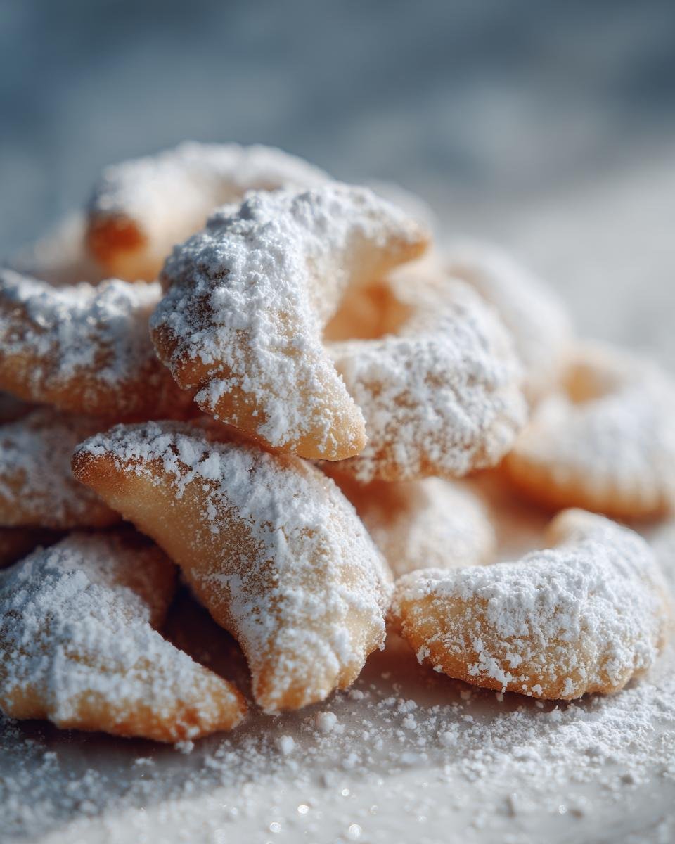 Close-up of Vanillekipferl, traditional German vanilla crescent cookies, heavily dusted with powdered sugar.