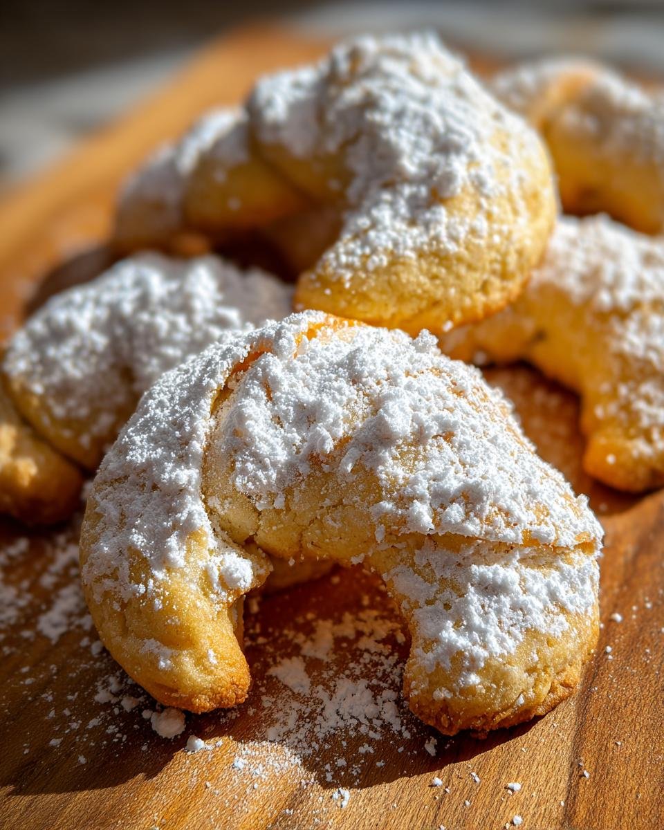 Close-up of homemade Vanillekipferl cookies dusted with powdered sugar on a wooden board.