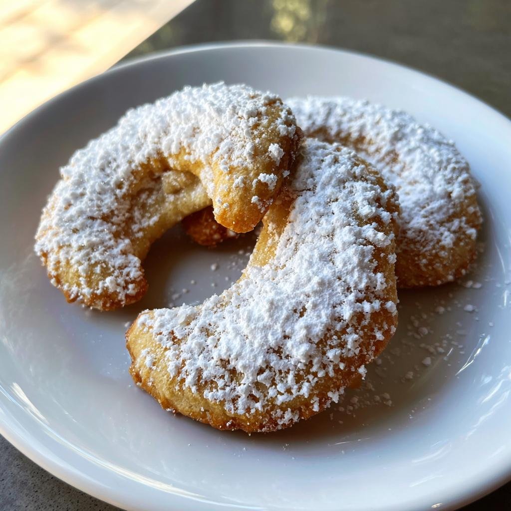 Two Vanillekipferl cookies on a white plate, generously dusted with powdered sugar.
