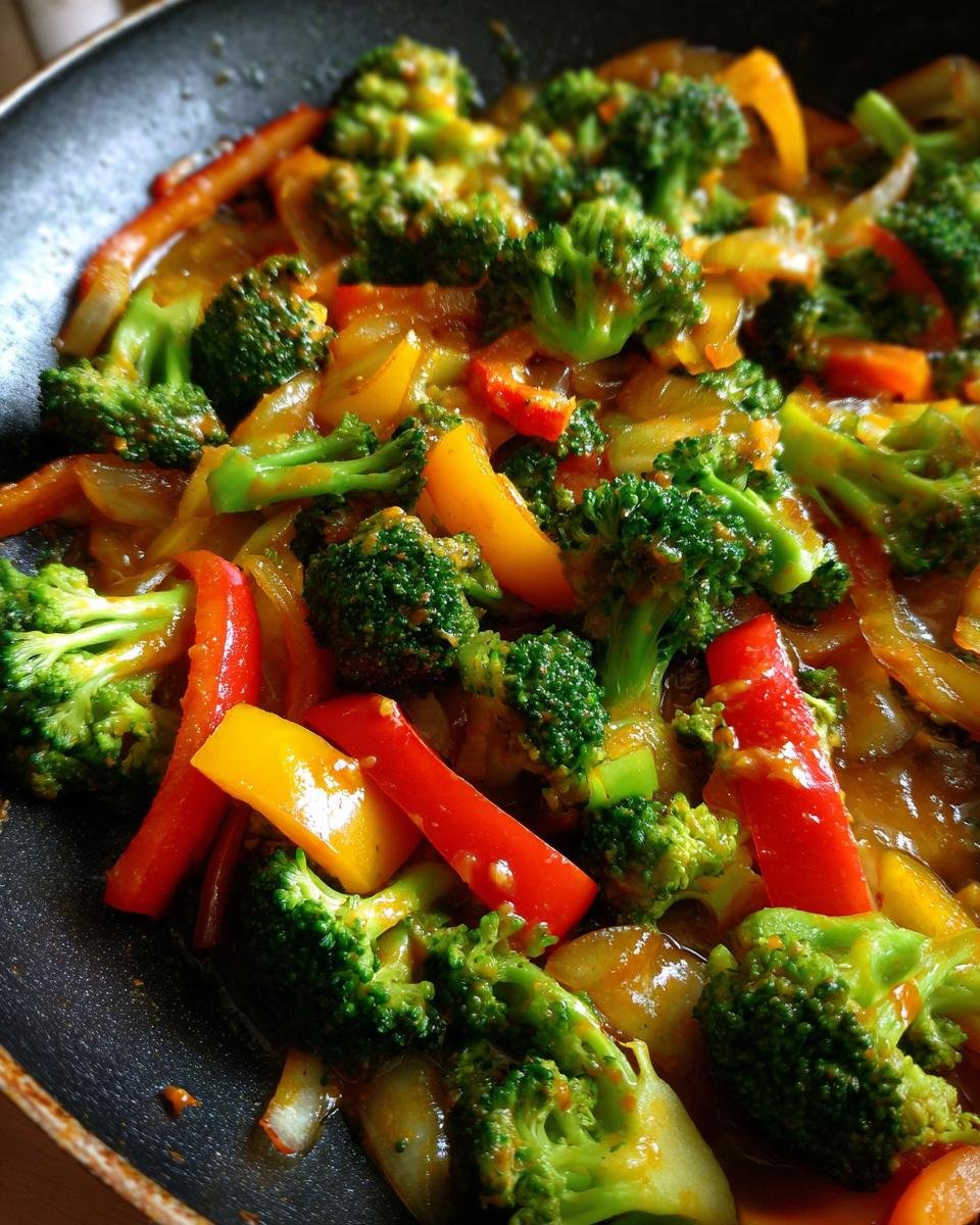 Close-up of Vegane Brokkoli-Gemüse-Pfanne mit Erdnuss-Sauce, featuring broccoli, peppers, and onions in a peanut sauce.