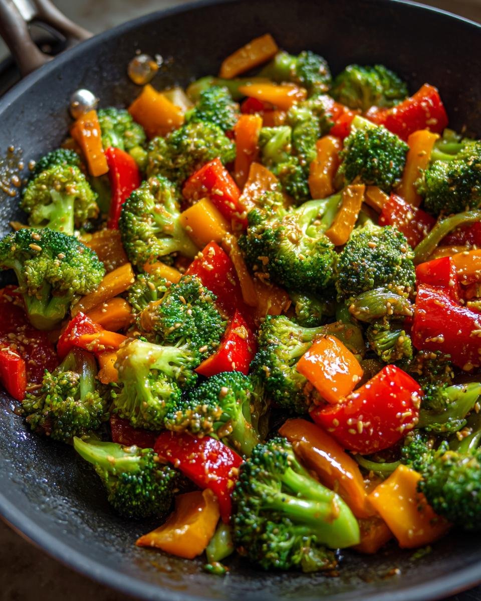 Close-up of Vegane Brokkoli-Gemüse-Pfanne mit Erdnuss-Sauce in a pan, featuring broccoli, peppers, and sesame seeds.