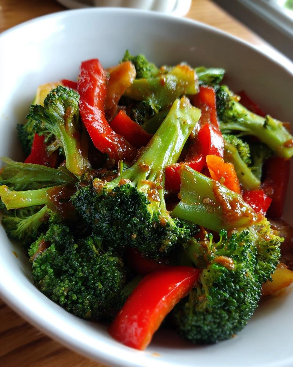 Close-up of Vegane Brokkoli-Gemüse-Pfanne mit Erdnuss-Sauce in a white bowl, showing broccoli, peppers, and peanut sauce.