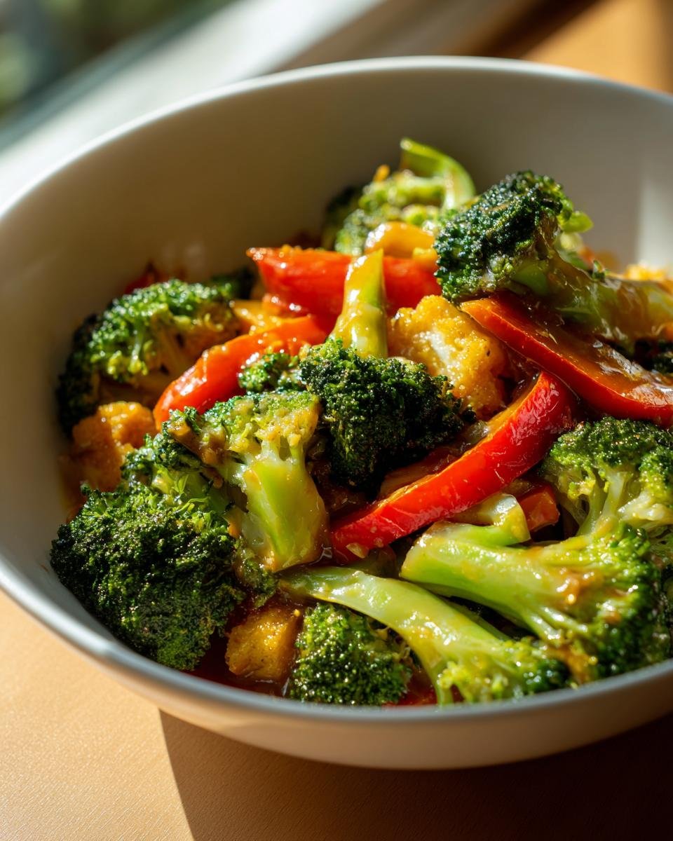 Close-up of Vegane Brokkoli-Gemüse-Pfanne mit Erdnuss-Sauce in a white bowl, featuring broccoli, red bell peppers, and peanut sauce.