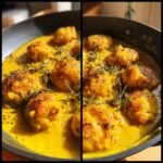 Delicious Vegane Linsenknödel in Curry Sauce, served in a pan and garnished with herbs.