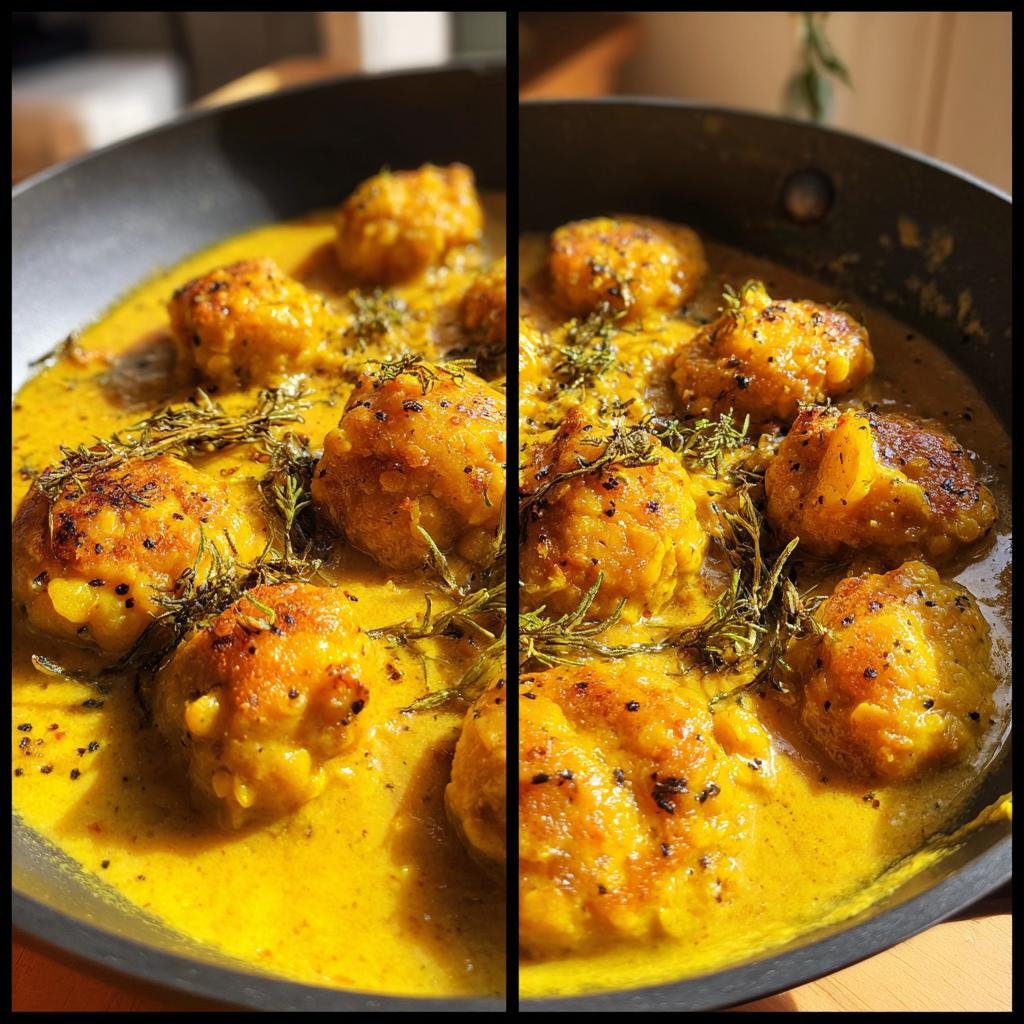Delicious Vegane Linsenknödel in Curry Sauce, served in a pan and garnished with herbs.
