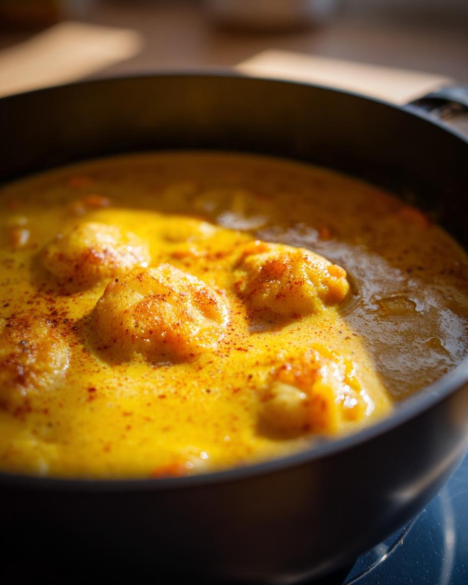 Close-up of Vegane Linsenknödel in Curry Sauce, served in a dark pot, sprinkled with spices.