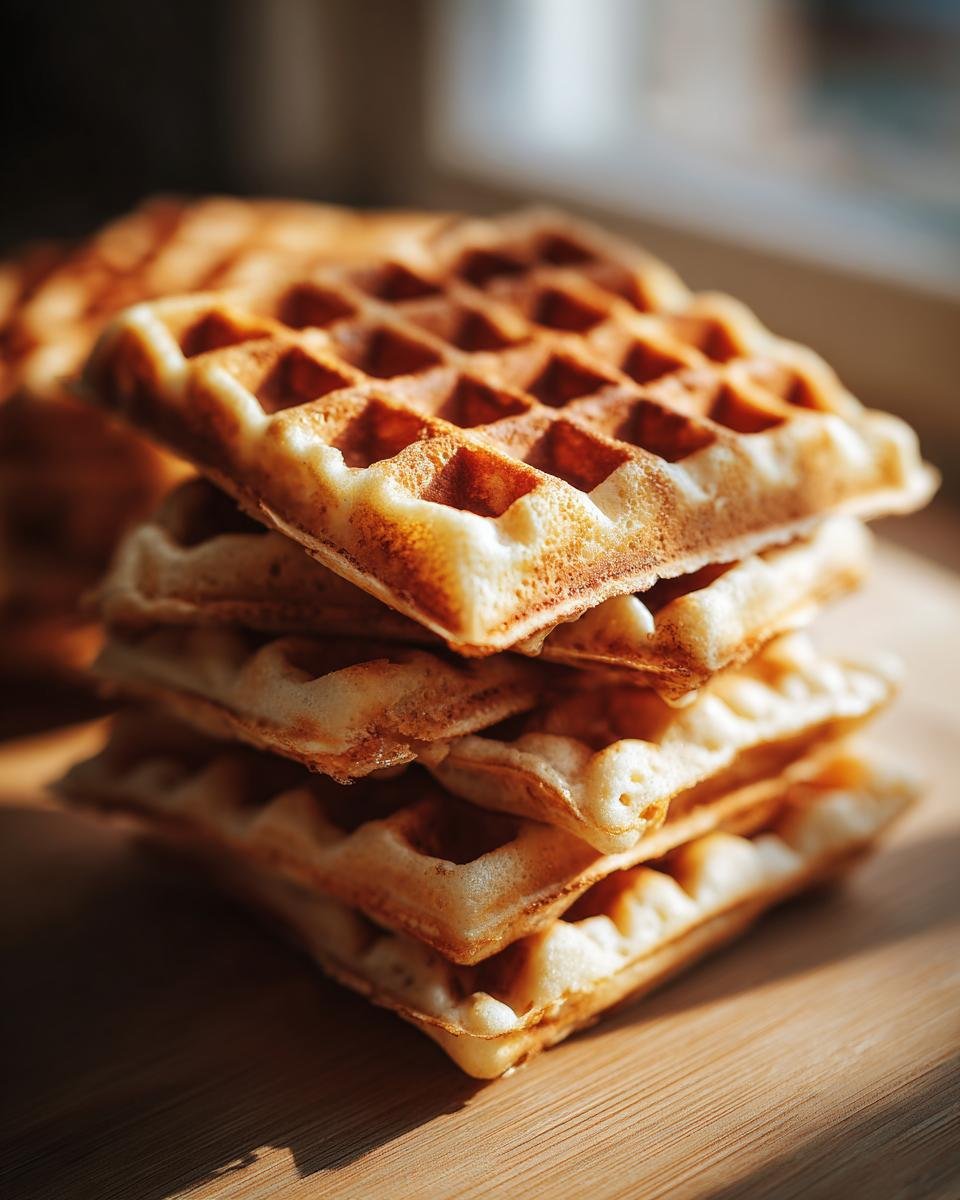 A stack of golden Vegane Waffeln ohne Zucker on a wooden surface, ready to be enjoyed.
