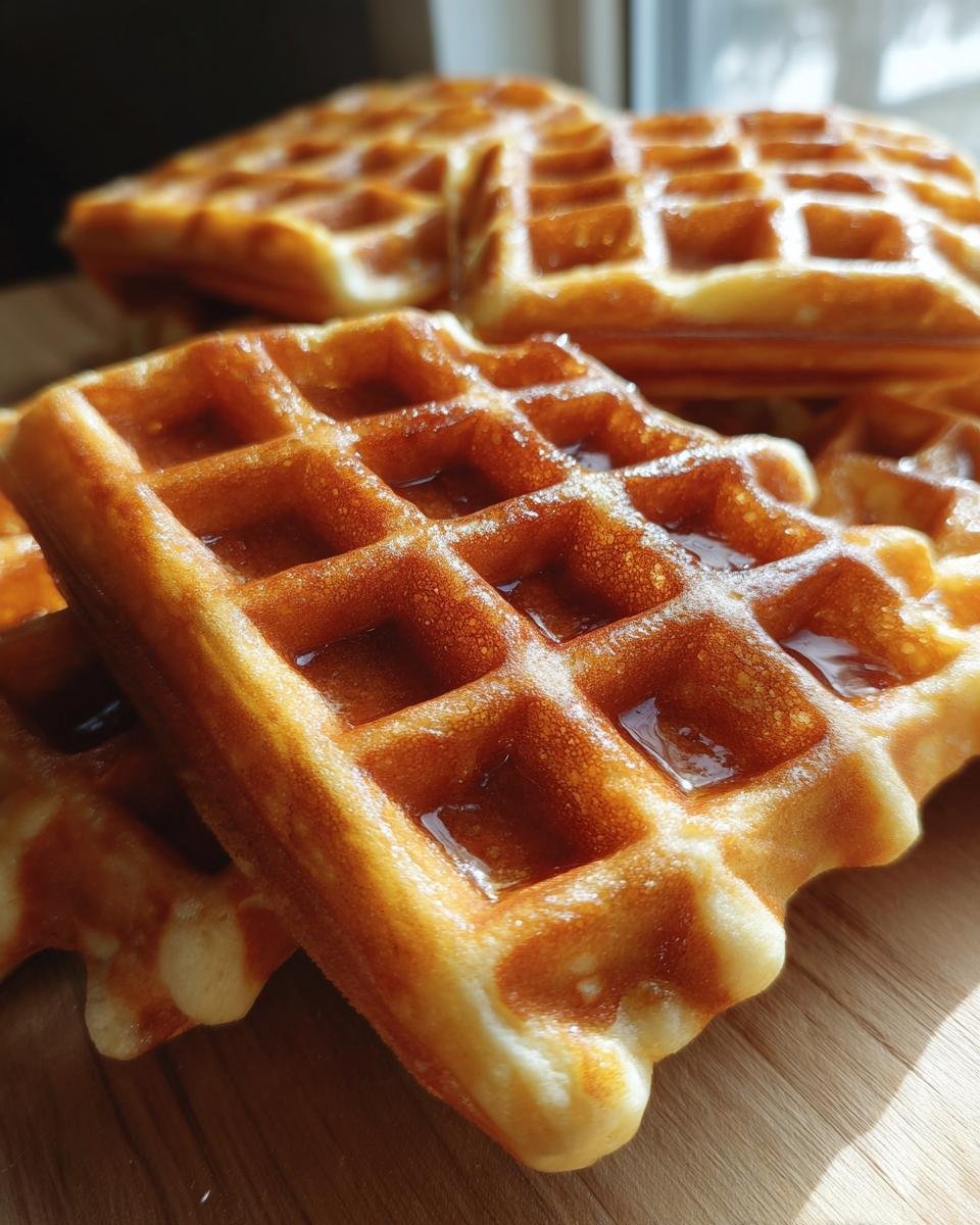 A stack of golden Vegane Waffeln ohne Zucker, drizzled with syrup, sits on a wooden surface.