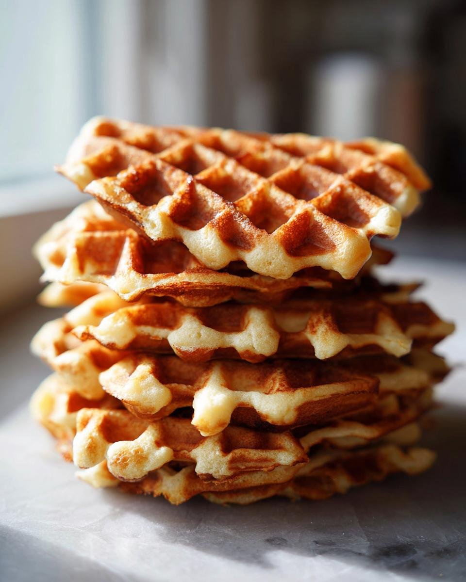Ein Stapel goldbrauner, perfekt gebackener Vegane Waffeln ohne Zucker, gestapelt vor einem hellen Hintergrund.