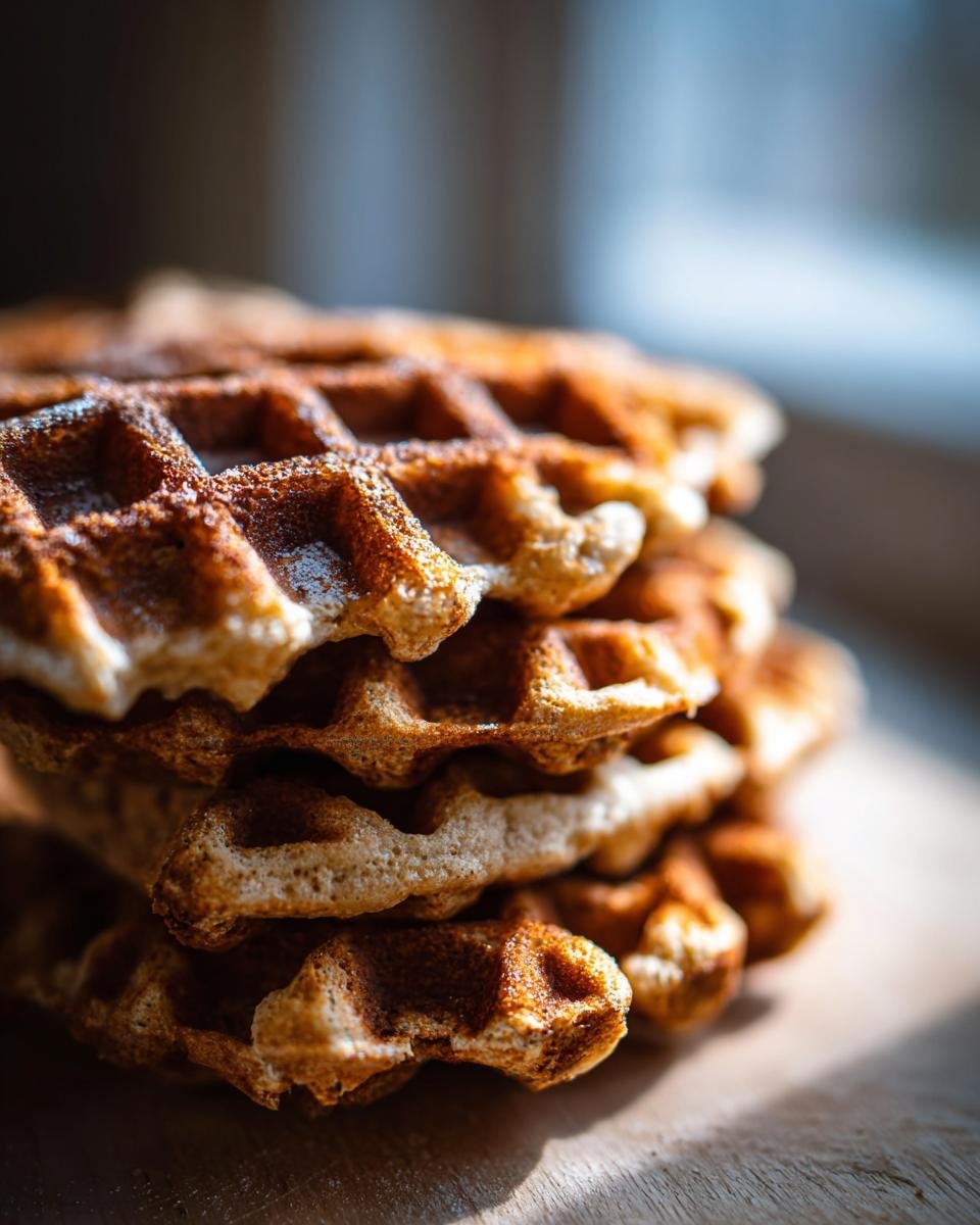 Ein Stapel frisch zubereiteter Vegane Waffeln ohne Zucker auf einem Holzteller, beleuchtet von natürlichem Licht.