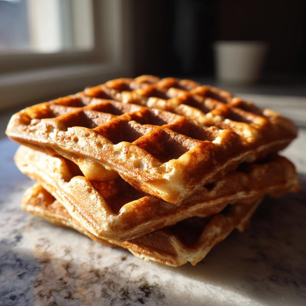 Ein Stapel frisch zubereiteter Vegane Waffeln ohne Zucker, perfekt für ein gesundes Frühstück.