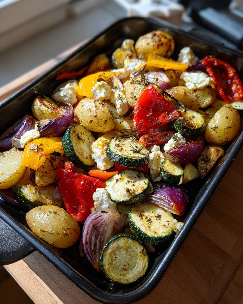 Vegetarische Feta-Kartoffeln mit Ofengemüse, frisch aus dem Ofen. Bunte Mischung aus Gemüse und Feta.