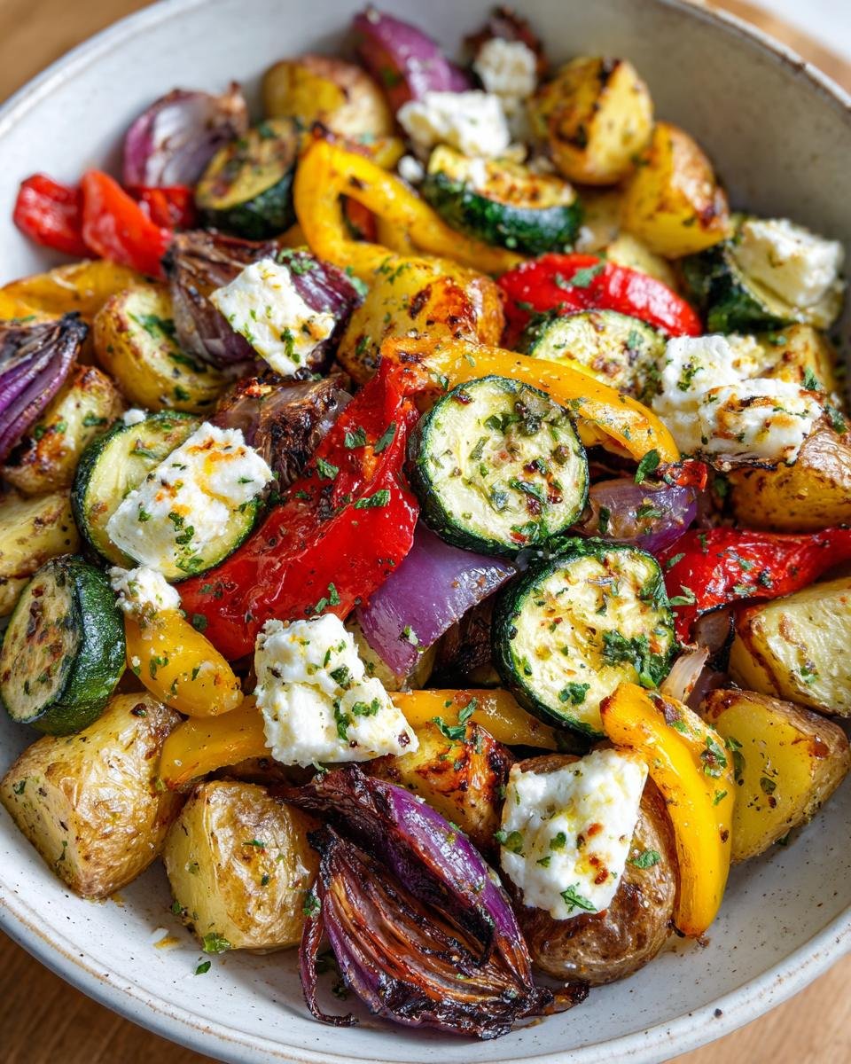 Close-up of Vegetarische Feta-Kartoffeln mit Ofengemüse in a bowl, featuring potatoes, feta, and roasted vegetables.
