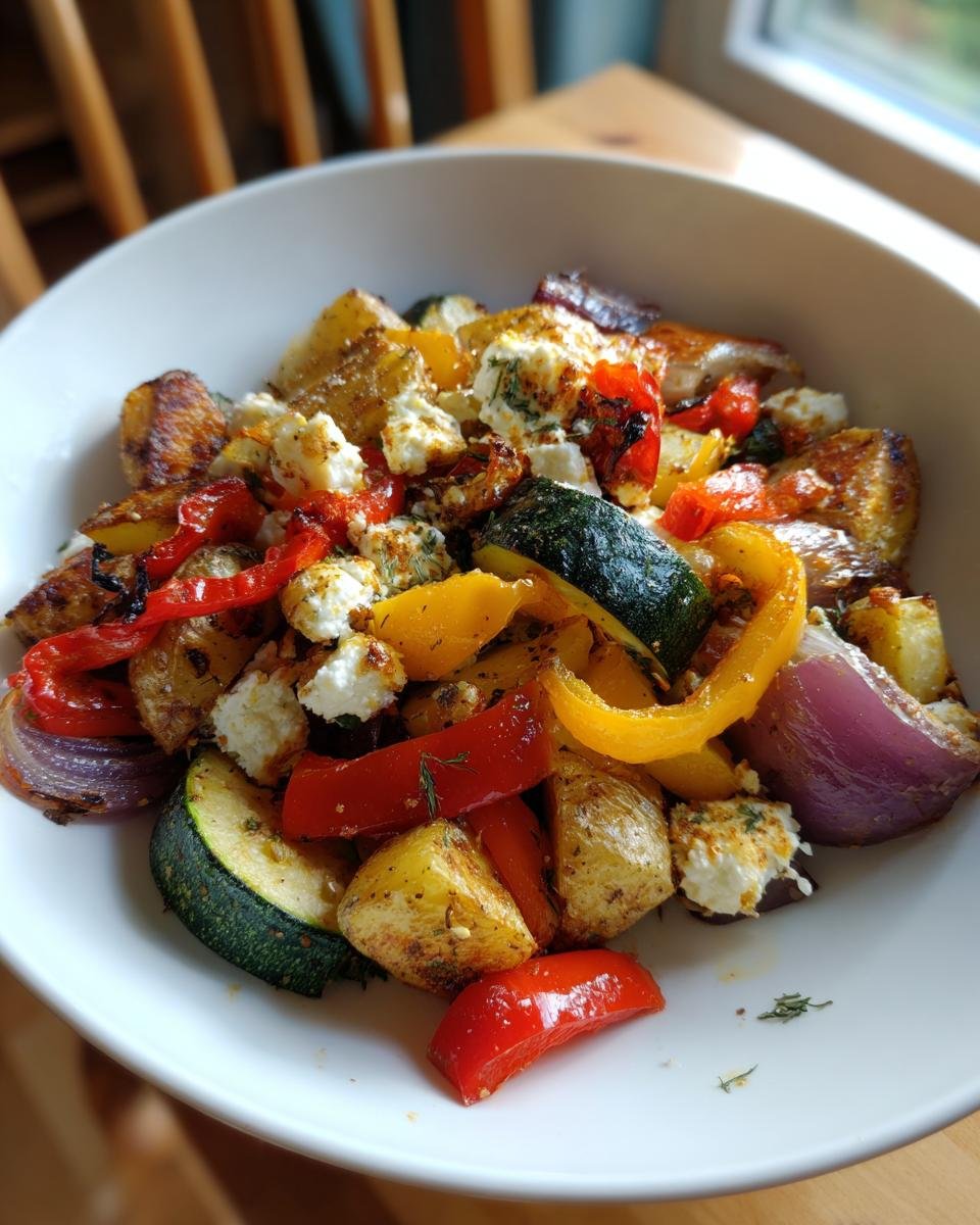 Bowl of Vegetarische Feta-Kartoffeln mit Ofengemüse, showing roasted potatoes, peppers, zucchini, onions and feta.