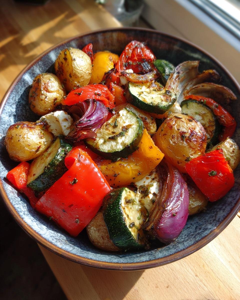 Bowl of Vegetarische Feta-Kartoffeln mit Ofengemüse, featuring roasted potatoes, peppers, zucchini, onions, and feta.