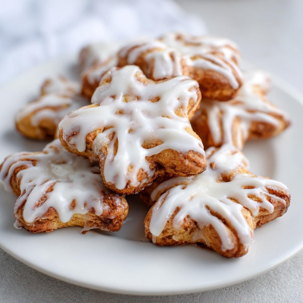 A plate of soft Plätzchen: Weiche Zimtsterne cookies with white icing.