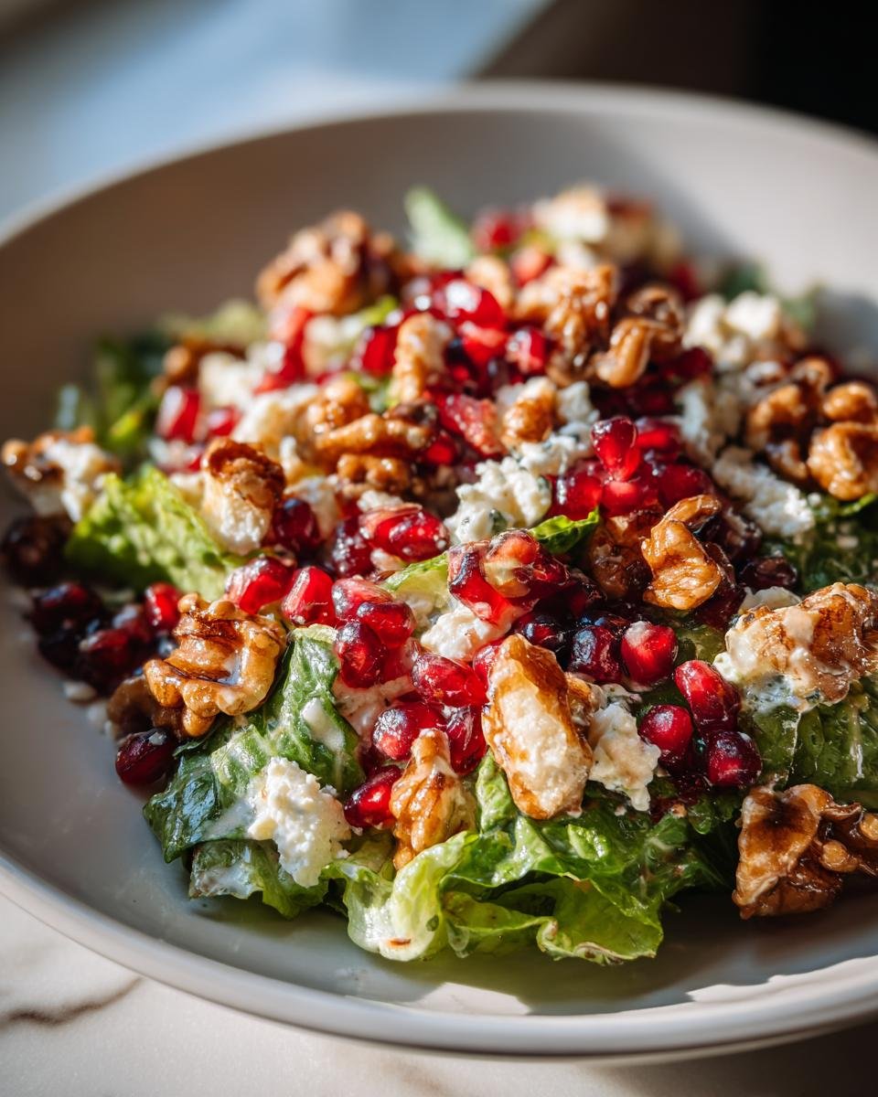 Close-up of Weihnachts-Salat mit Granatapfel & Feta, featuring lettuce, pomegranate seeds, feta cheese, and walnuts.