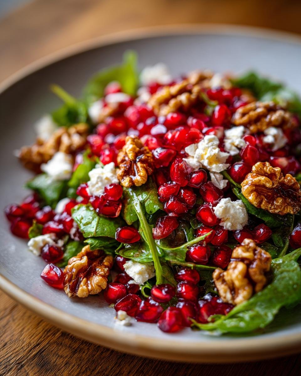 Close-up of Weihnachts-Salat mit Granatapfel & Feta, featuring spinach, pomegranate seeds, walnuts, and feta cheese.
