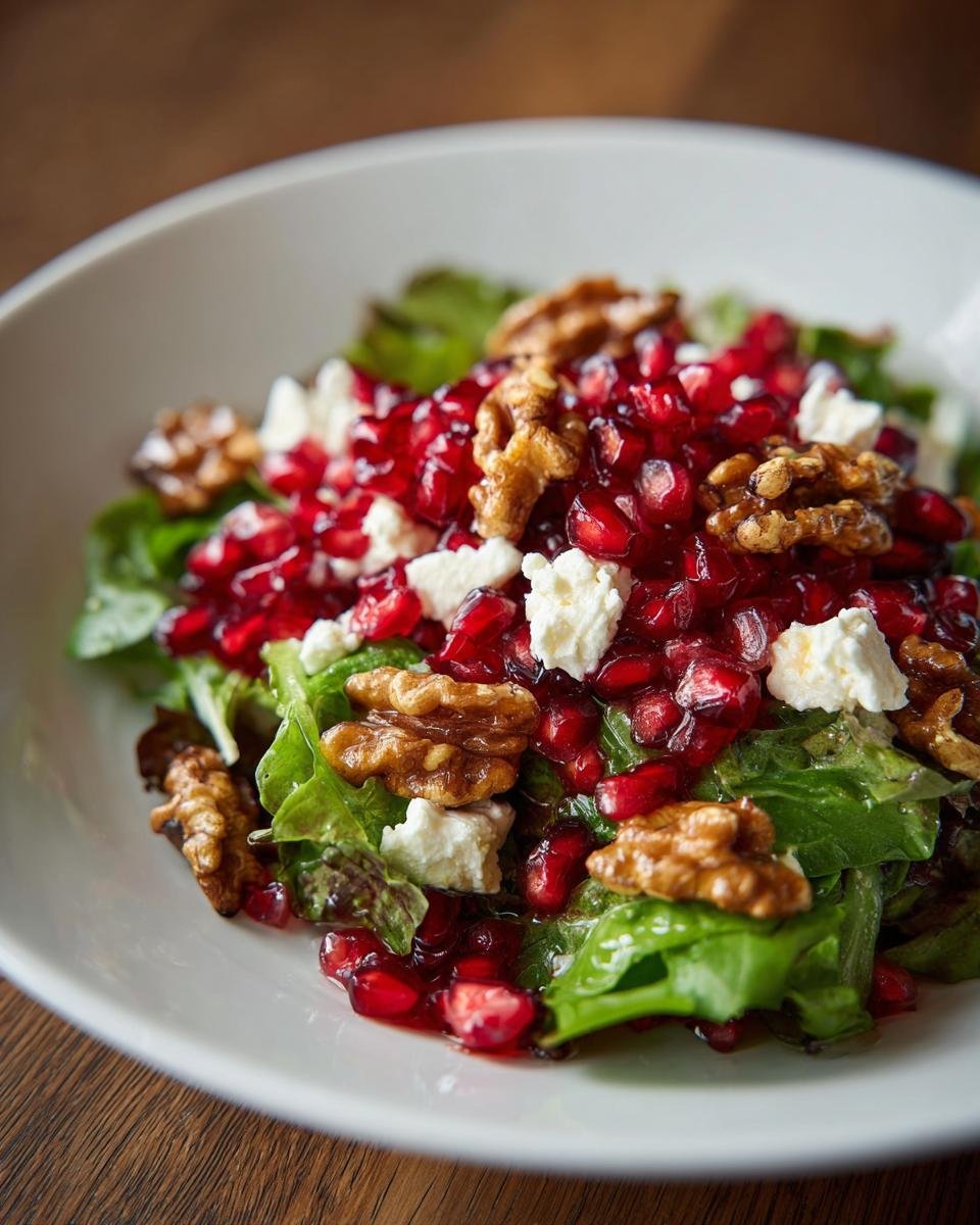 Festive Weihnachts-Salat mit Granatapfel & Feta in einer weißen Schale. Walnüsse und grüne Blätter ergänzen den Salat.