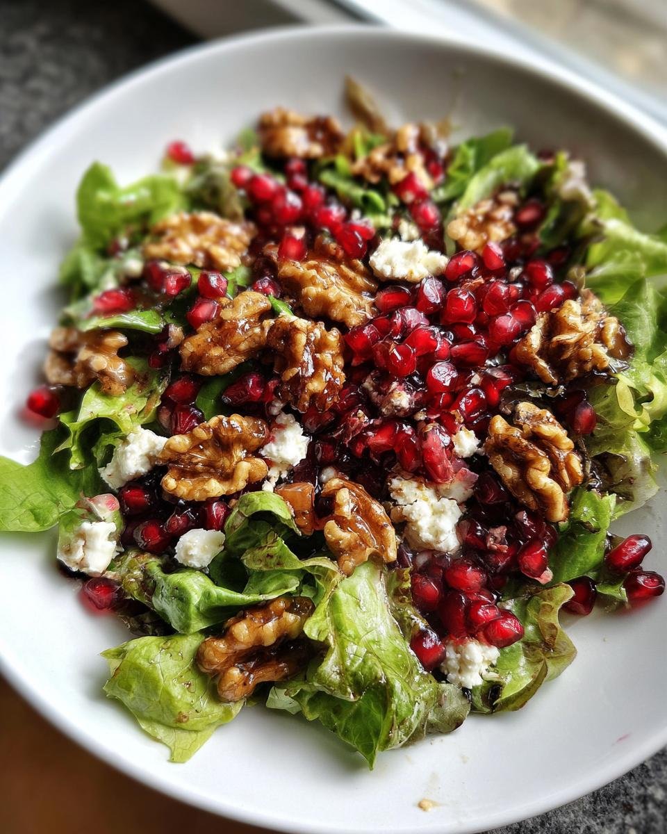 Close-up of Weihnachts-Salat mit Granatapfel & Feta, featuring lettuce, walnuts, pomegranate seeds, and feta cheese.