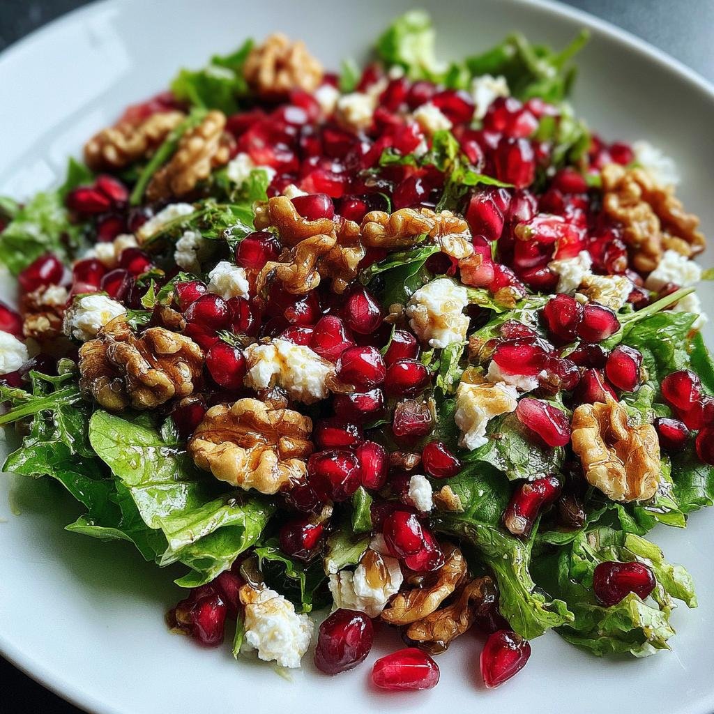 Close-up of Weihnachts-Salat mit Granatapfel & Feta, featuring lettuce, pomegranate seeds, feta cheese, and walnuts.