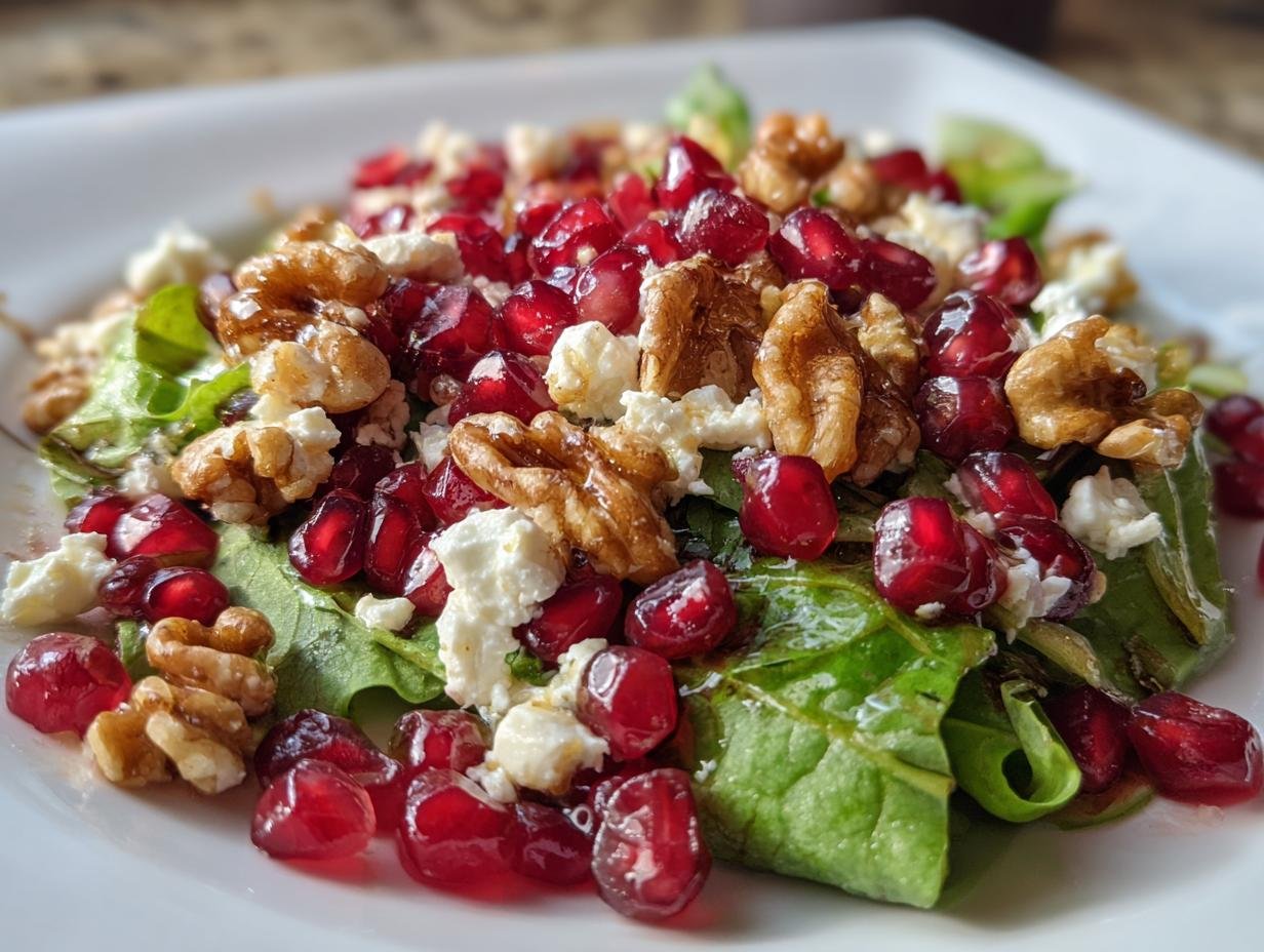 Close-up of Weihnachts-Salat mit Granatapfel & Feta, featuring pomegranate seeds, feta cheese, and walnuts on a bed of greens.