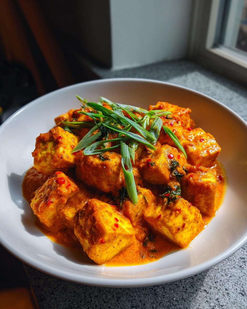 Nahaufnahme von Würziger Tofu in cremiger Kokossoße, garniert mit frischen Frühlingszwiebeln in einer weißen Schüssel.