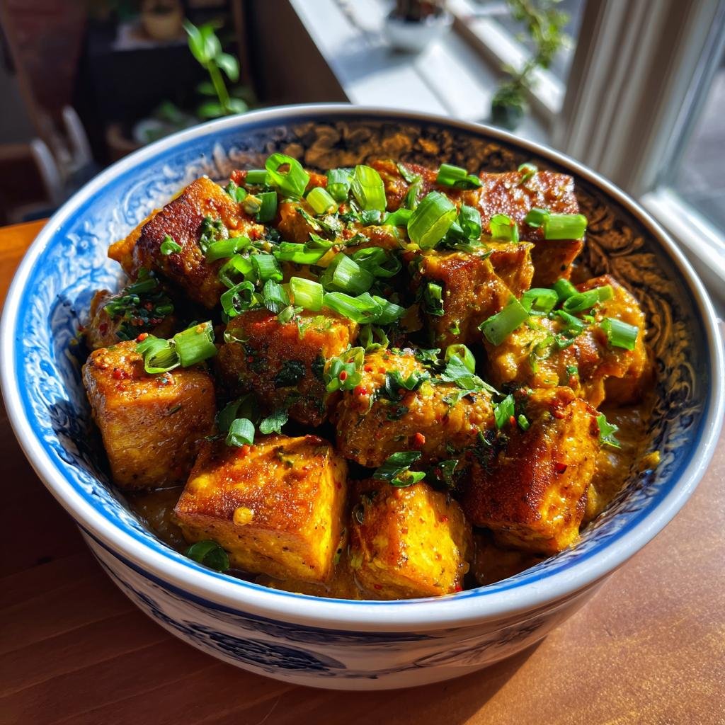 Bowl of Würziger Tofu in cremiger Kokossoße, garnished with fresh green onions.