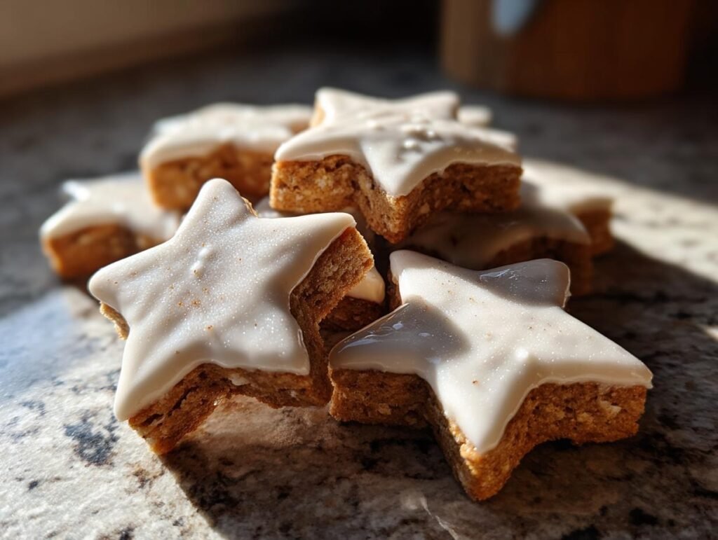 Close-up of Zimtsterne schnell und einfach, iced star-shaped cookies stacked on a surface.
