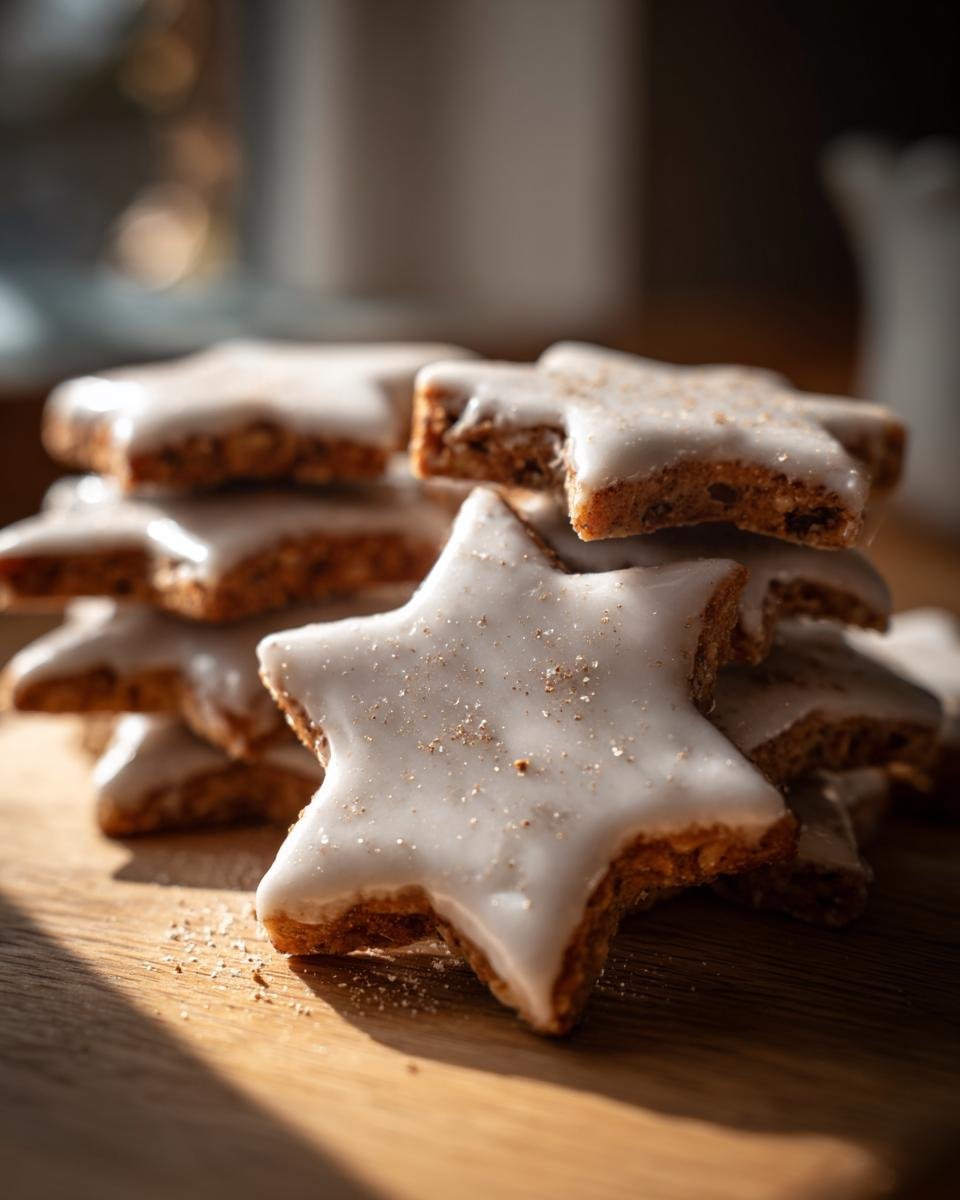 A stack of Zimtsterne schnell und einfach cookies with white icing and a sprinkle of cinnamon on a wooden board.