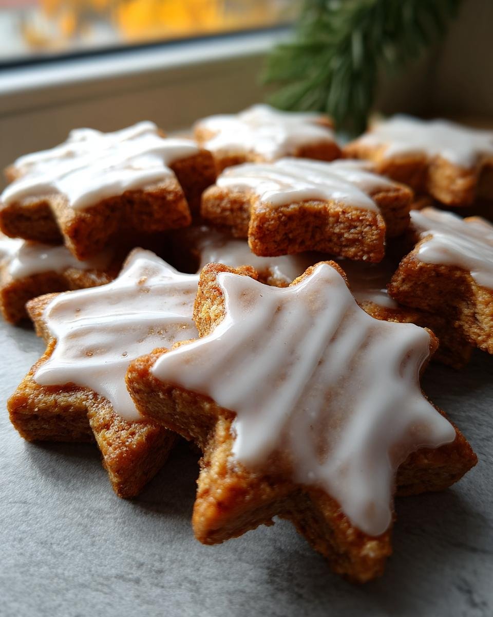 Close-up of a pile of Zimtsterne schnell und einfach, iced with white glaze.