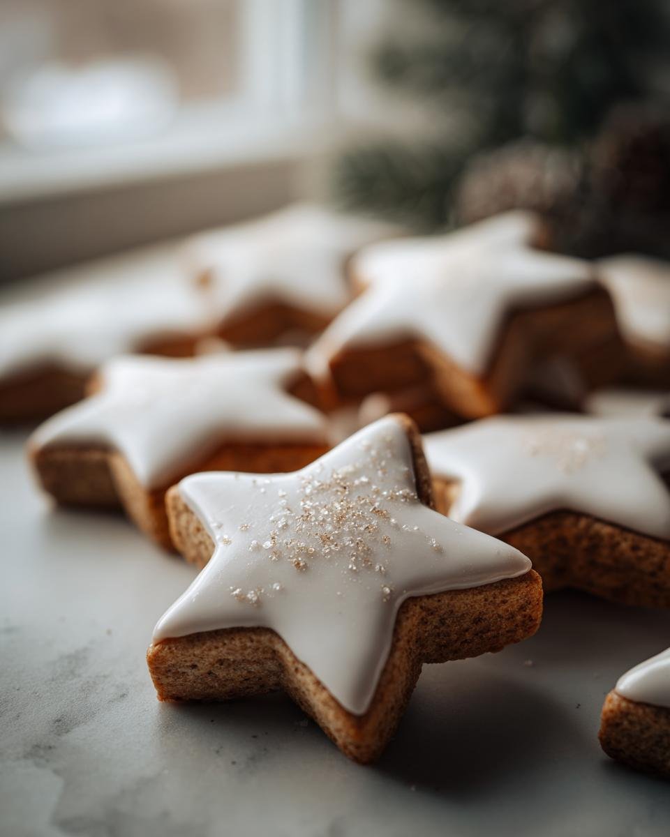 Close-up of Zimtsterne schnell und einfach cookies with white icing and sparkling sugar.