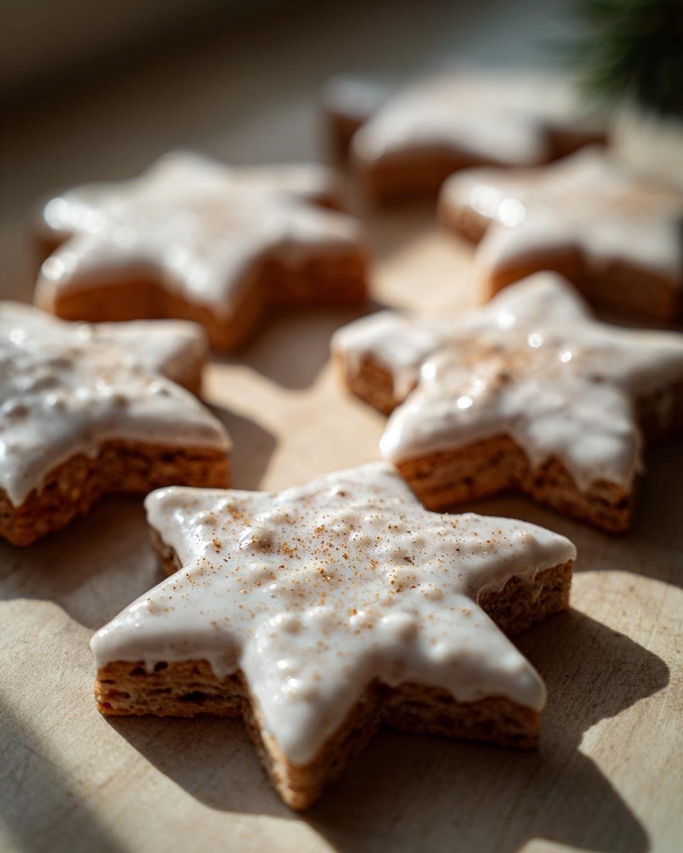 Close-up of Zimtsterne schnell und einfach, star-shaped cinnamon cookies with white icing and cinnamon powder.