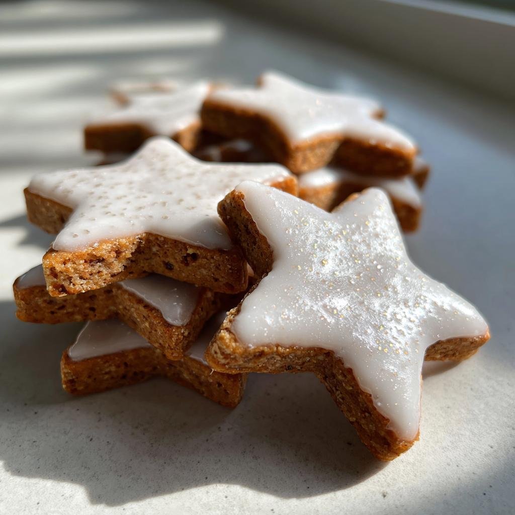 A stack of Zimtsterne schnell und einfach cookies with white icing in a star shape.